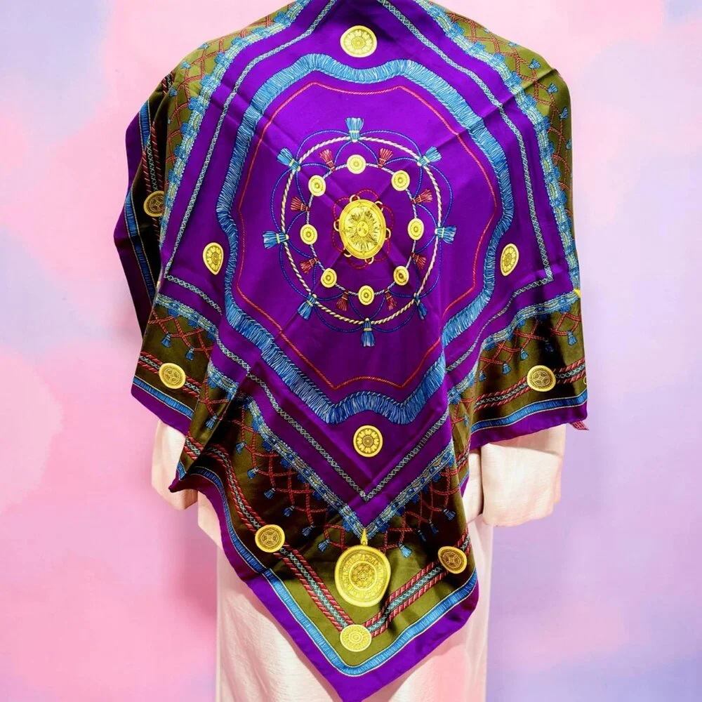 Vgt Celine Paris 100% Silk Scarf Satin 32" purple blue olive red twine tassel(44 - Picture 13 of 15